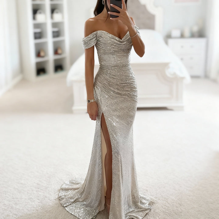 Mune Fashion | Off Shoulder Evening Dress with Sequins, Slit and Figure-Hugging Cut for Women
