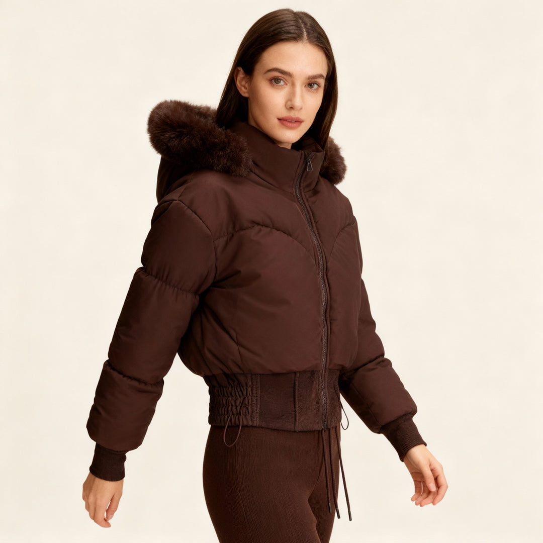 Mune | Ladies Cropped Down Jacket with Removable Hood and Faux Fur Trim
