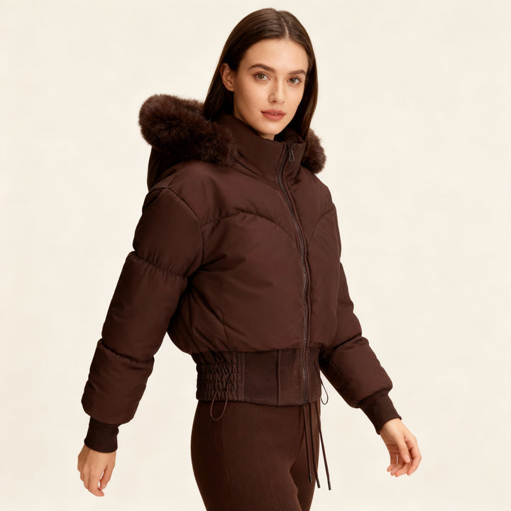 Mune | Ladies Cropped Down Jacket with Removable Hood and Faux Fur Trim