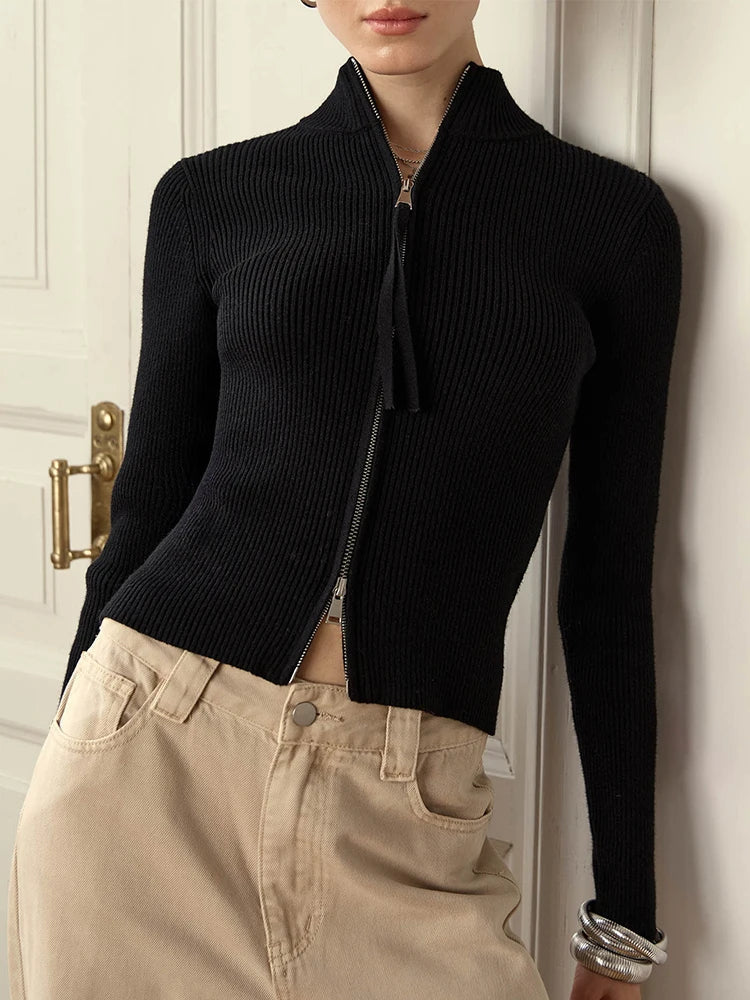 Mune | Women's Slim Fit Cardigan with Zipper and Stand-Up Collar