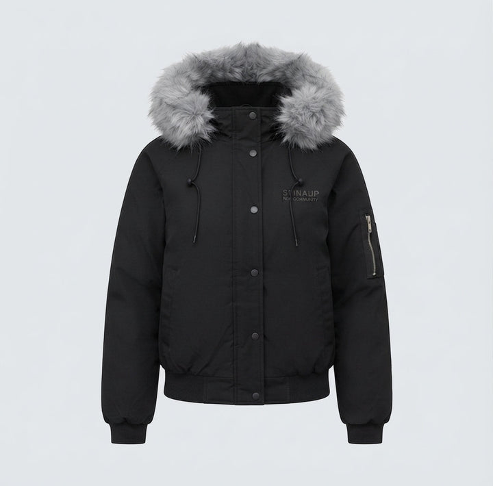 Women's short quilted city bomber with voluminous hood, drawstring, and windproof thermal lining