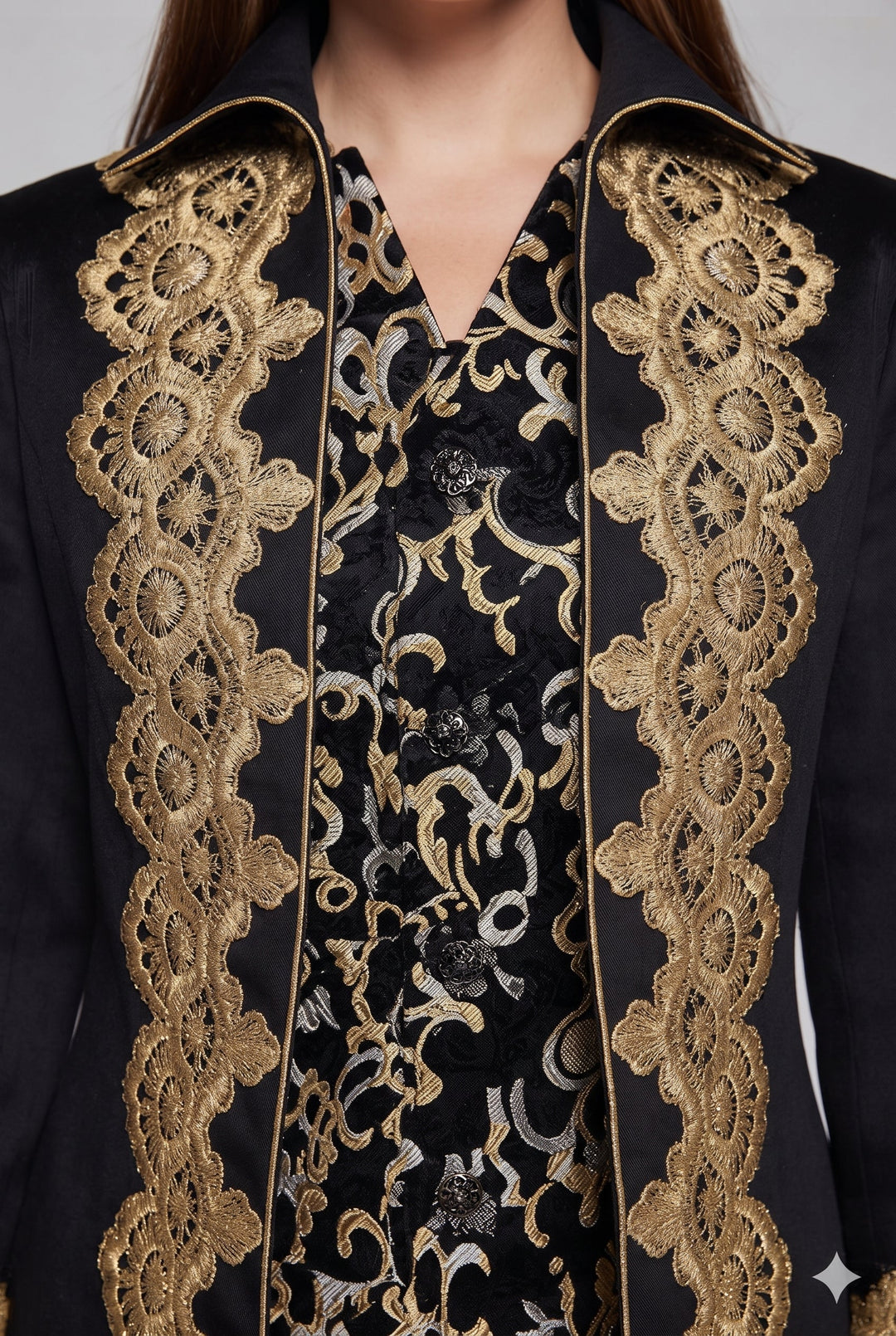 Women's elegant tailcoat with fine gold embroidery and asymmetrical hem Mune Fashion