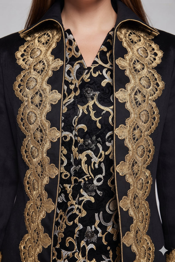 Women's elegant tailcoat with fine gold embroidery and asymmetrical hem Mune Fashion