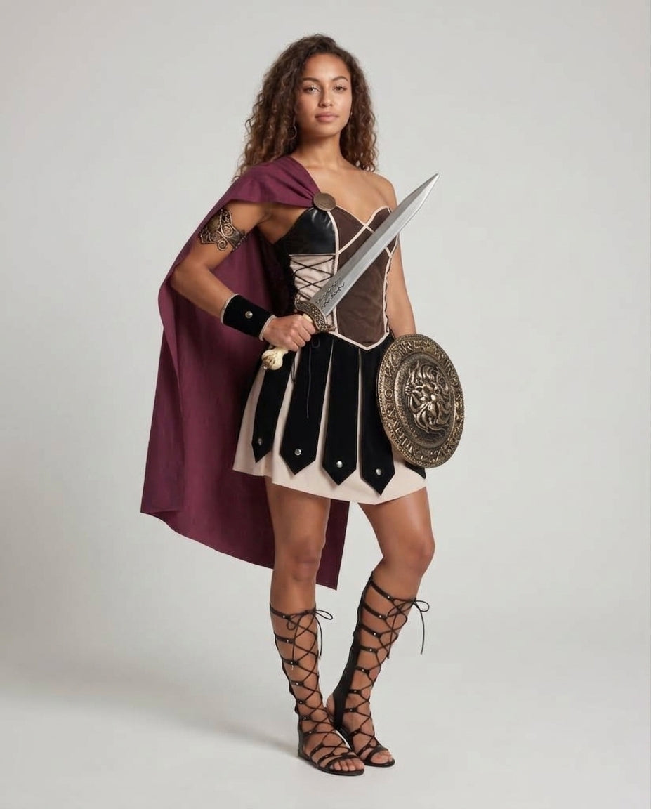 Women's Historical Gladiator Costume with Cloak and Armor Details Mune Fashion
