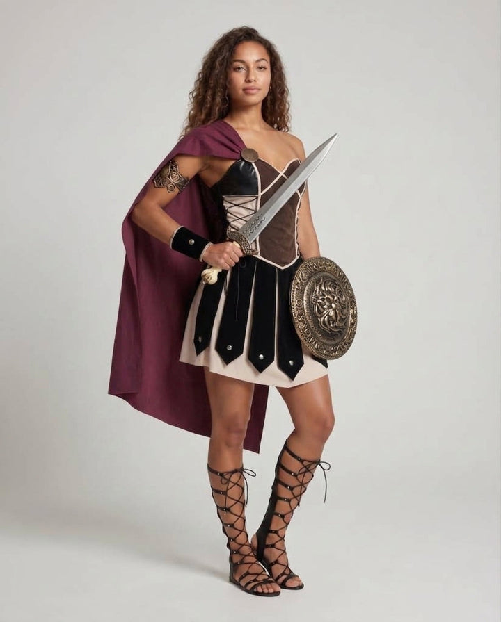 Women's Historical Gladiator Costume with Cloak and Armor Details Mune Fashion