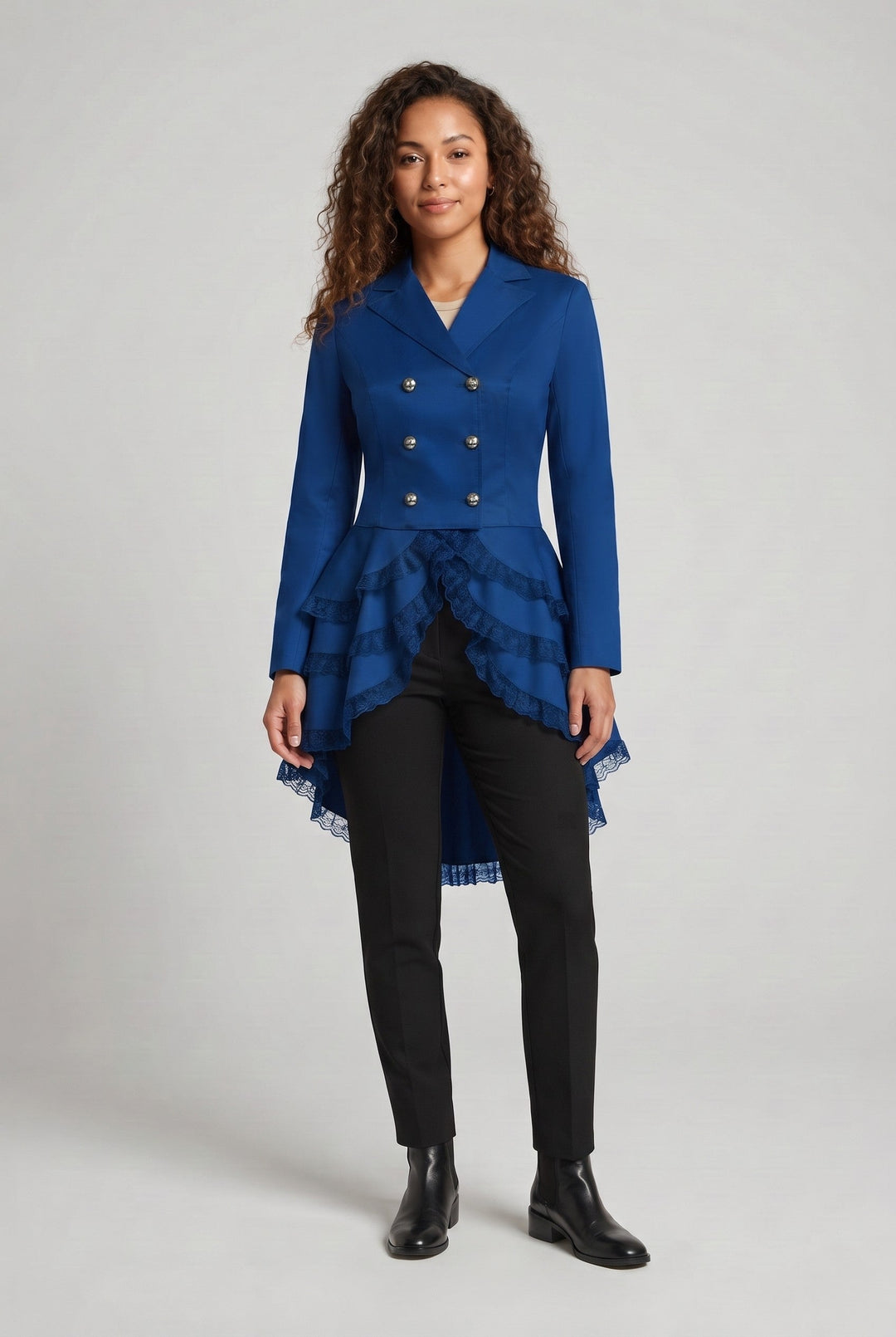 Women Elegant Ruffle Jacket with Deep V-Neck and Double Buttoned Front Mune Fashion