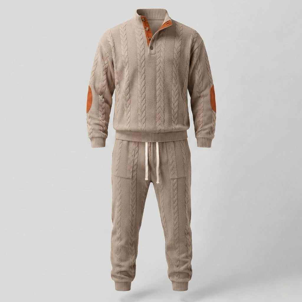 Men's Textured Cable Knit Loungewear Set with Henley Collar and Jogging Pants Mune Fashion