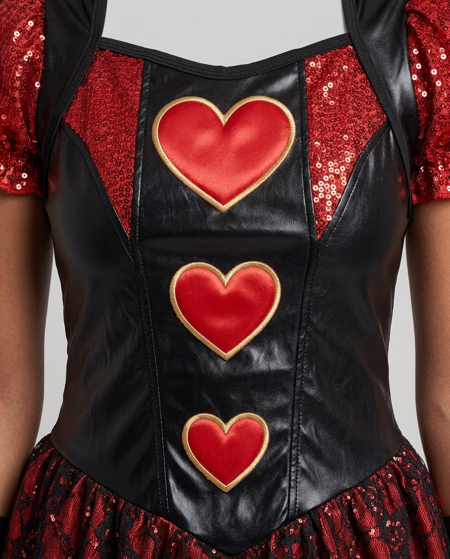 Women's costume in the style of the Queen of Hearts with floral accents and voluminous skirt Mune Fashion