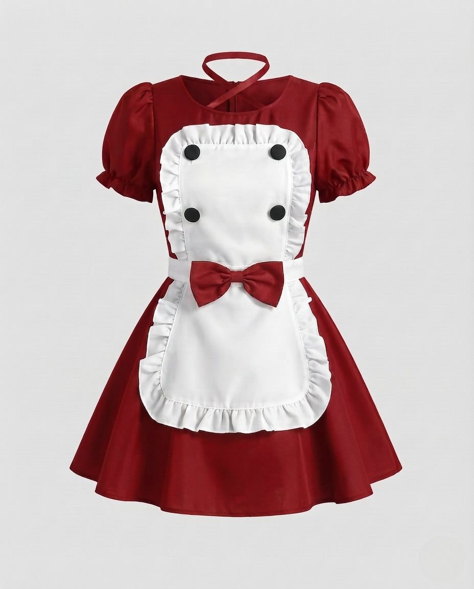 Women Playful Maid Dress with Ruffles and Satin Apron Mune Fashion