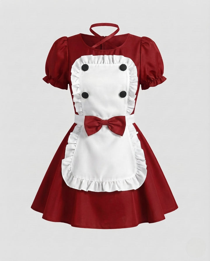 Women Playful Maid Dress with Ruffles and Satin Apron Mune Fashion