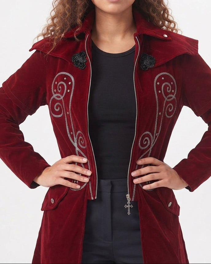 Women Elegant Velour Coat with Artistic Embellishments Mune Fashion
