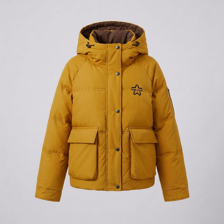 Women's nan boxy puffer jacket with concealed two-way front, contrasting inner panel and functional flap pockets