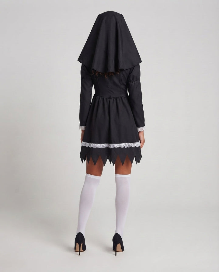 Women Playful Nun Costume with Ruffles and Decorative Overskirt Mune Fashion