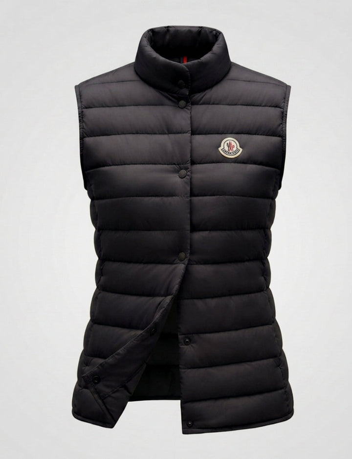 Women’s sleeveless quilted insulation vest with high stand-up collar and concealed snap button placket