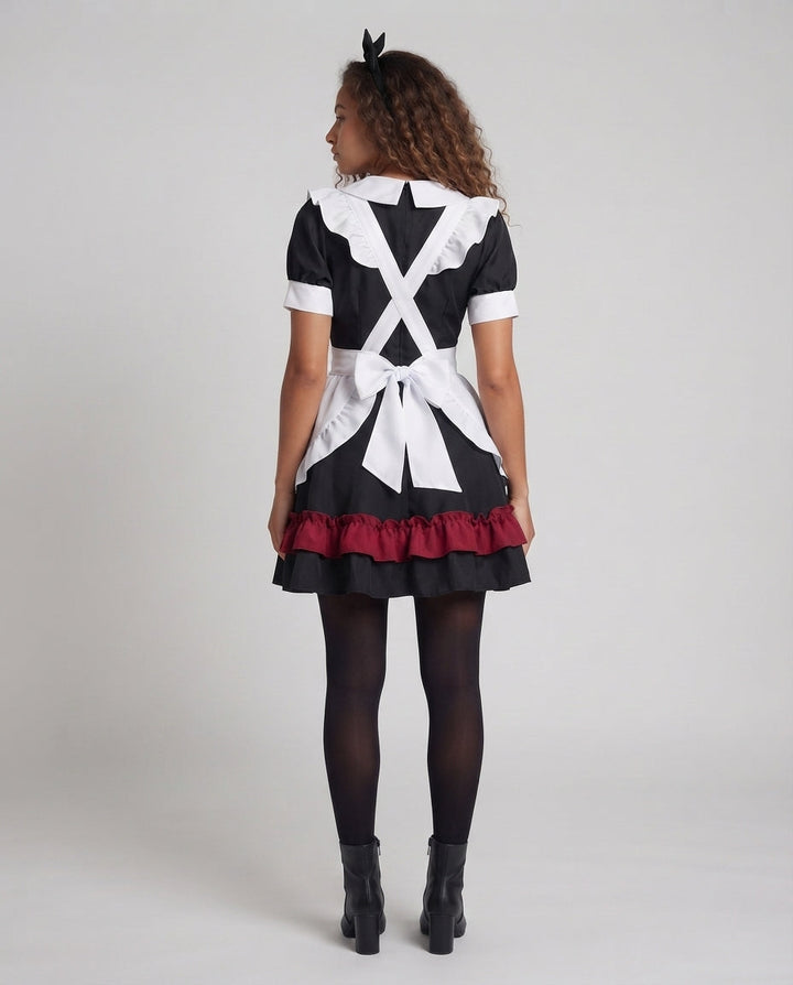 Women's playful maid dress with ruffle details and stylish bow accent Mune Fashion