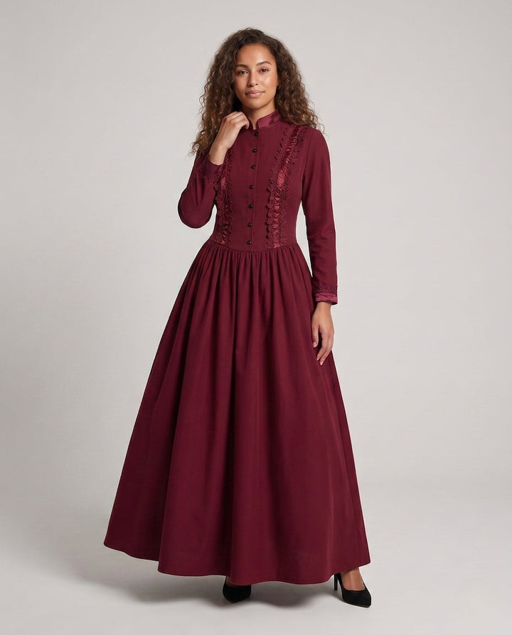 Women Elegant Historical Dress with Detailed Floral Embroidery Mune Fashion