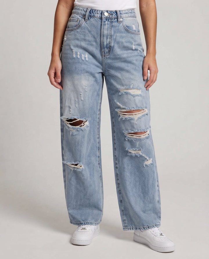 Women's Wide Destroyed-Baggy-Jeans with Elastic Waistband Mune Fashion