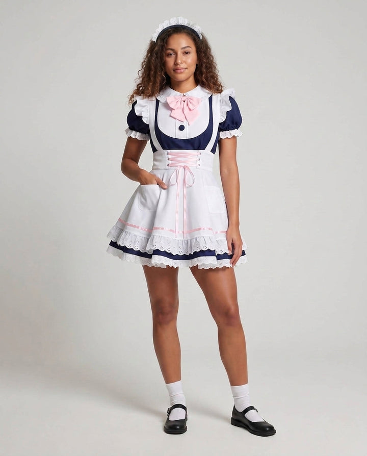 Women Maid Dress with Lace and Ruffle Accents Mune Fashion