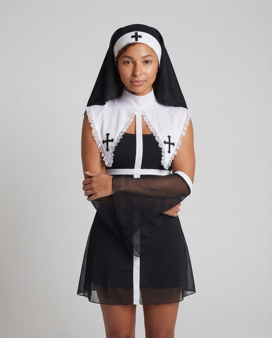 Ladies Seductive Nun Costume with Transparent Sleeves and Ruffle Details Mune Fashion