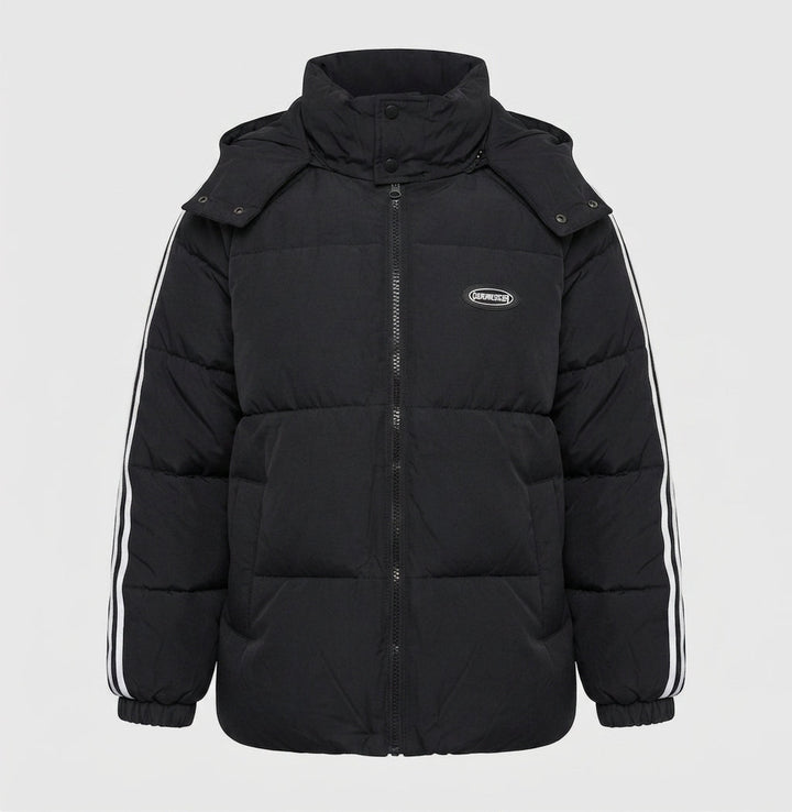 Unisex oversized quilted jacket with contrast stripes on sleeves, high-closing collar, and hood placket