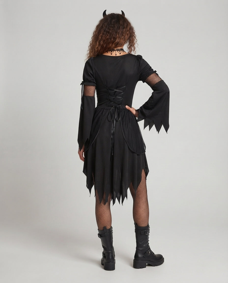 Women's Devil Costume with Voluminous Sleeves and Seductive Lace-Up Detail Mune Fashion