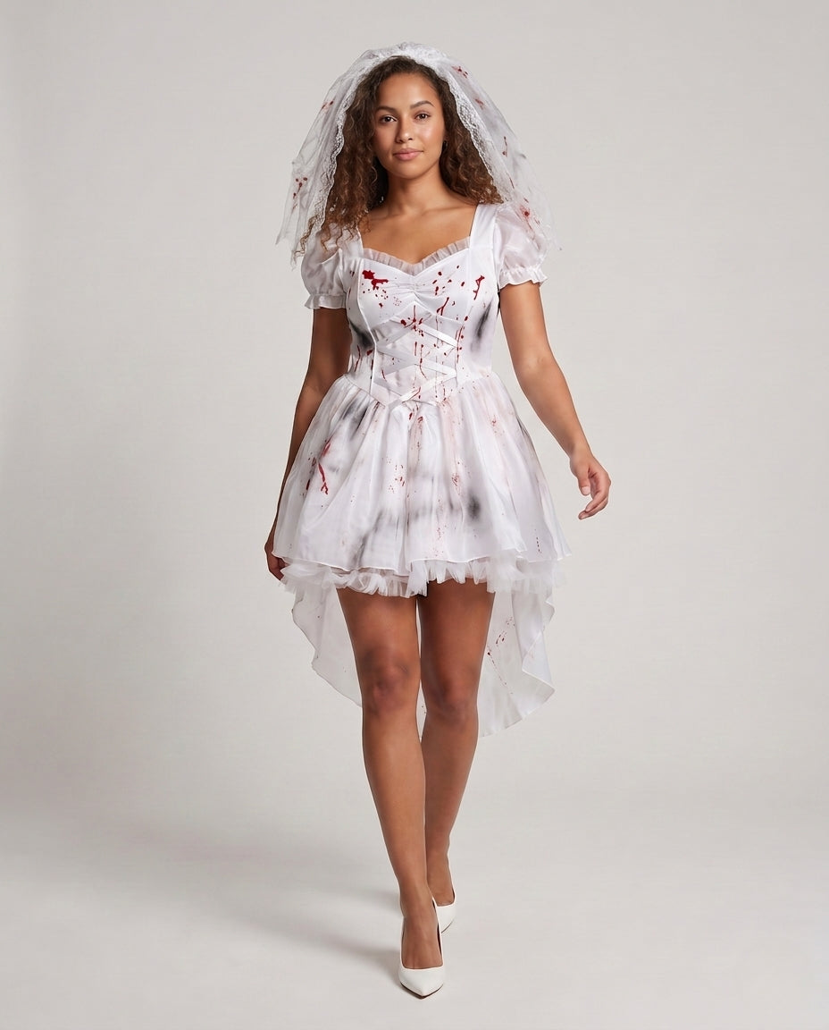 Women's Creepy Ghost Bride with Transparent Veil and Bloody Accents Mune Fashion