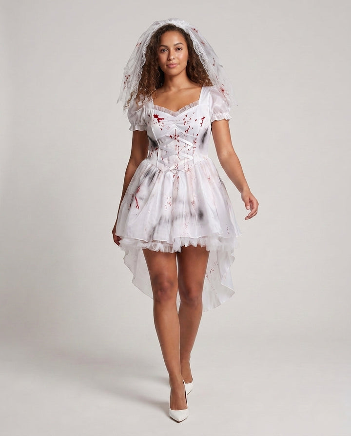 Women's Creepy Ghost Bride with Transparent Veil and Bloody Accents Mune Fashion