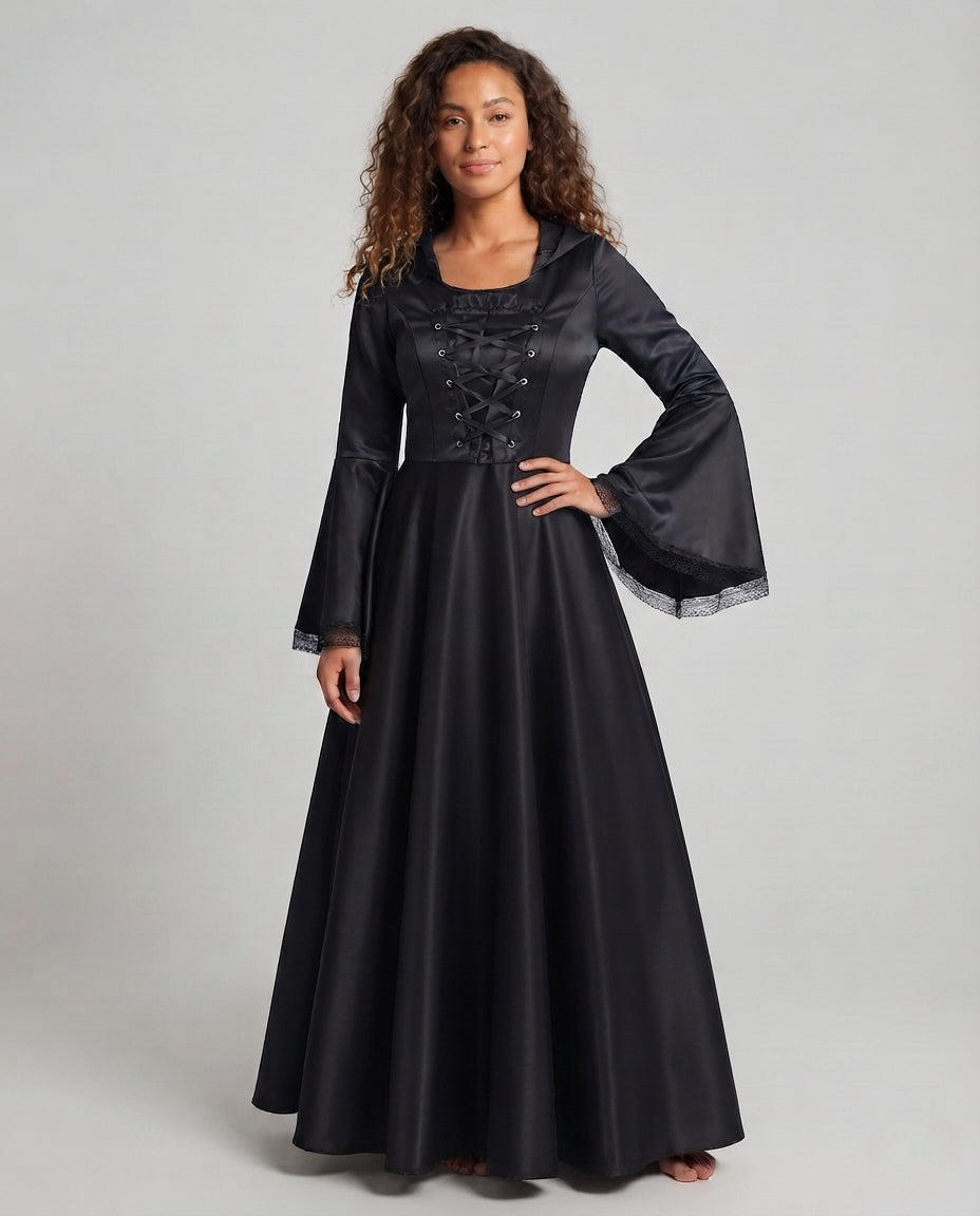 Women's Hooded Dress with Flared Skirt and Lace Decorations Mune Fashion