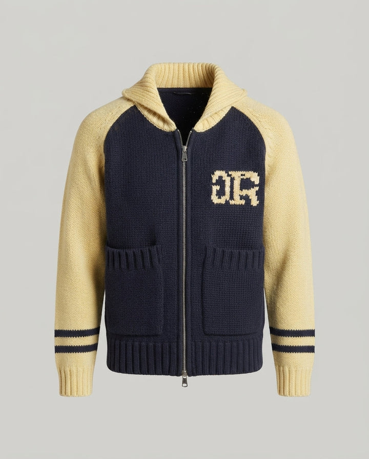 Women's bulky knit hooded cardigan with zipper, applied pockets and contrast sleeves Mune Fashion