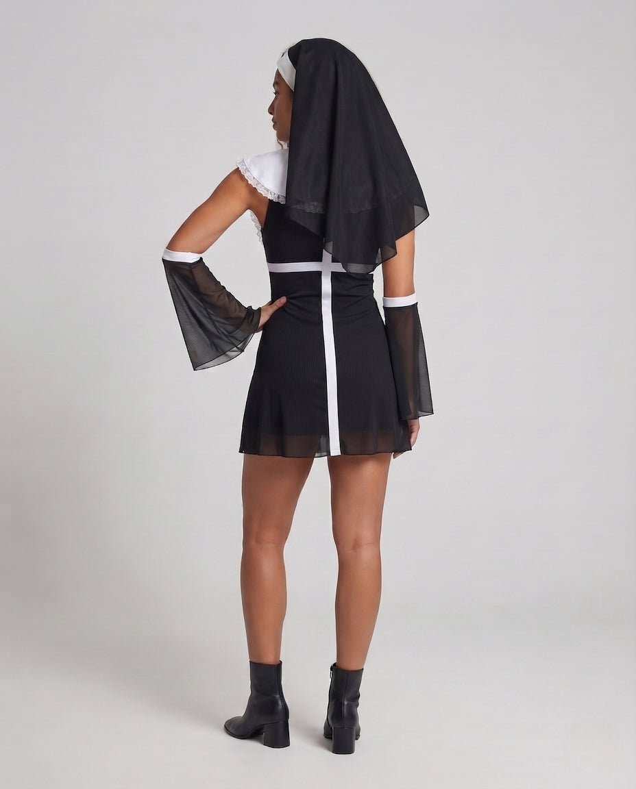 Ladies Seductive Nun Costume with Transparent Sleeves and Ruffle Details Mune Fashion
