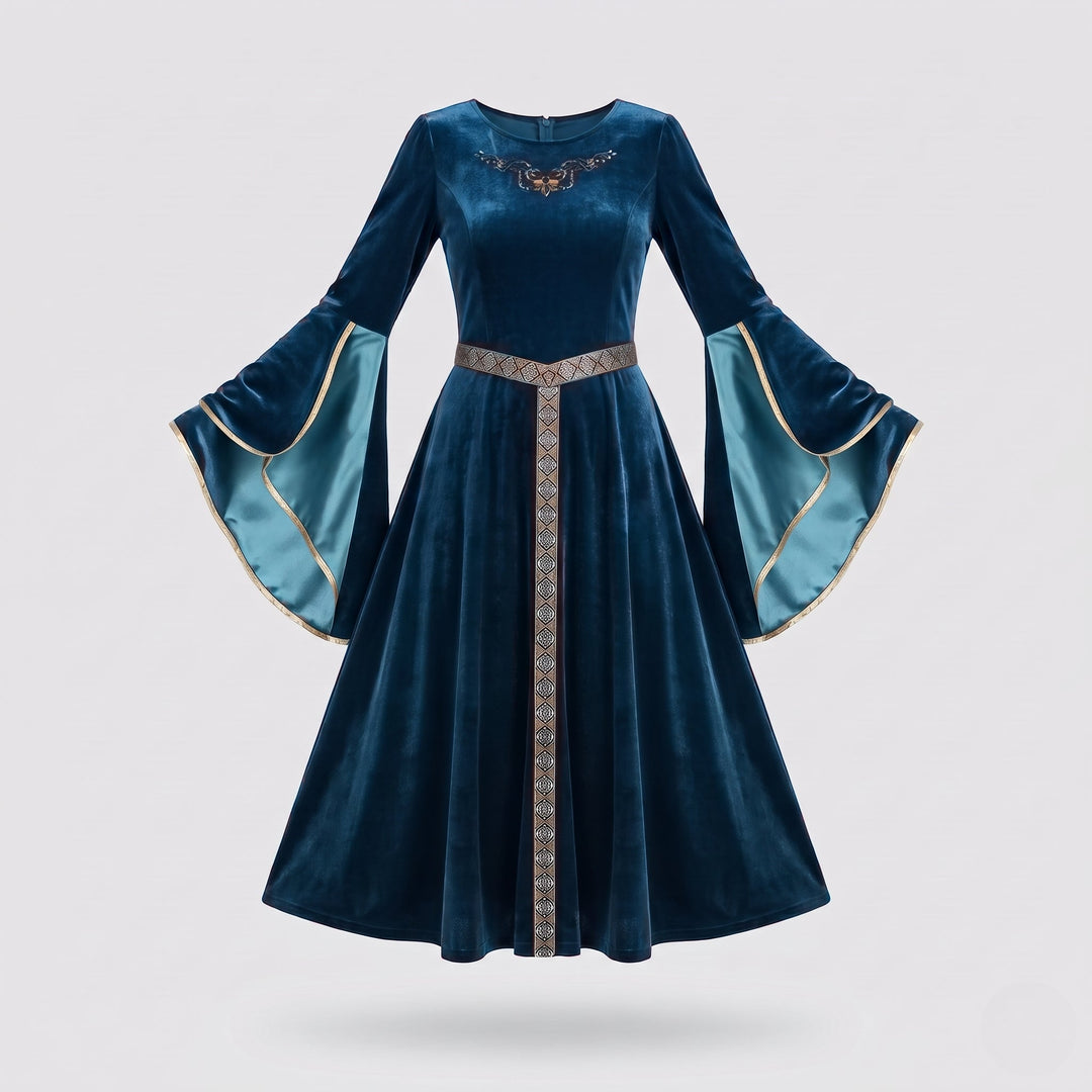 Women elegant velvet dress with wide sleeve and decorative belt Mune Fashion