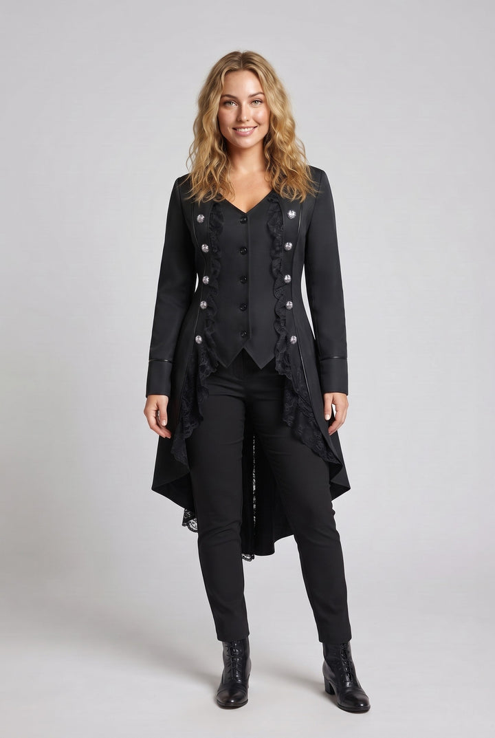 Women's elegant tailcoat with lace accents and decorative button placket Mune Fashion