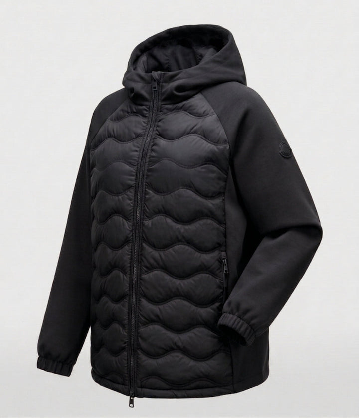 Women's non-quilted hybrid hoodie jacket with padded front and loose sweatshirt sleeves