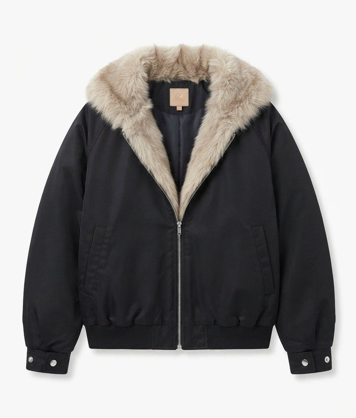 Ladies short faux fur bomber jacket with contrasting cuffs