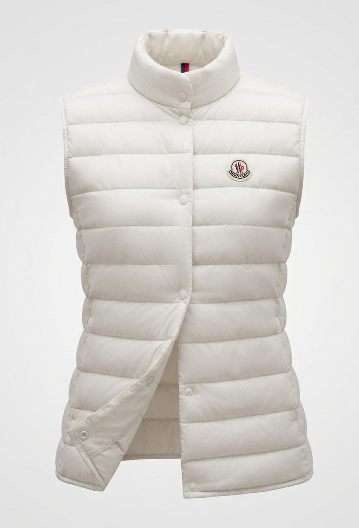 Women’s sleeveless quilted insulation vest with high stand-up collar and concealed snap button placket