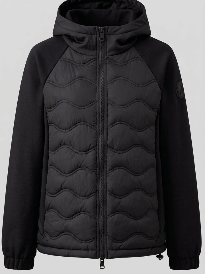 Women's quilted hybrid hoodie jacket with fleece sleeves, elastic cuffs, and wave quilting