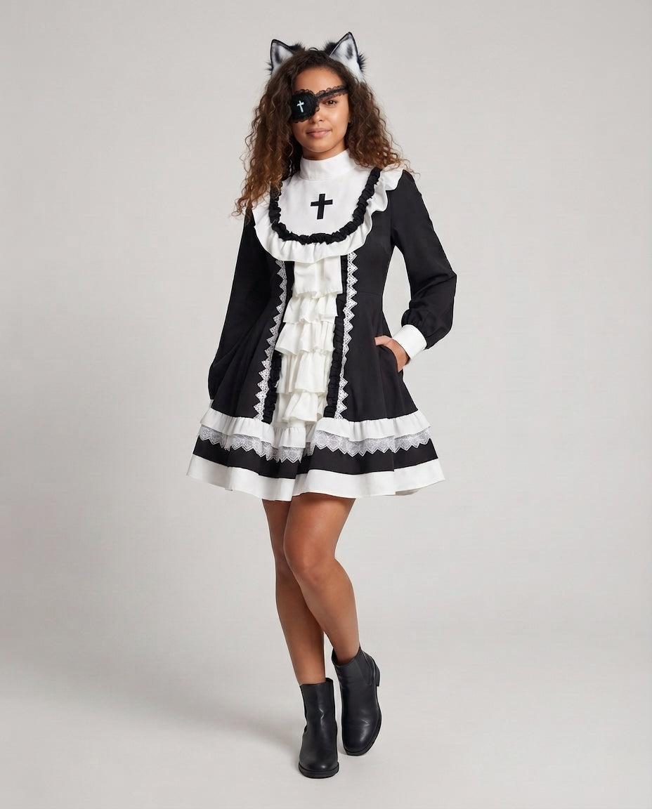 Ladies Lace Dress with Ruffles and Cross Details Mune Fashion