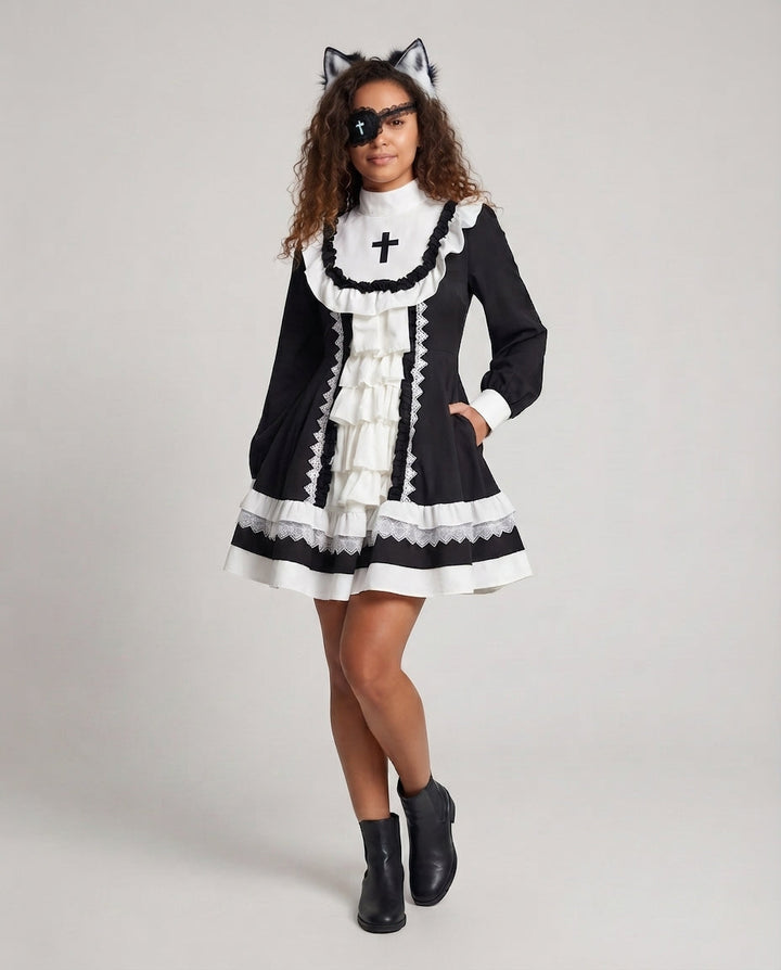Ladies Lace Dress with Ruffles and Cross Details Mune Fashion