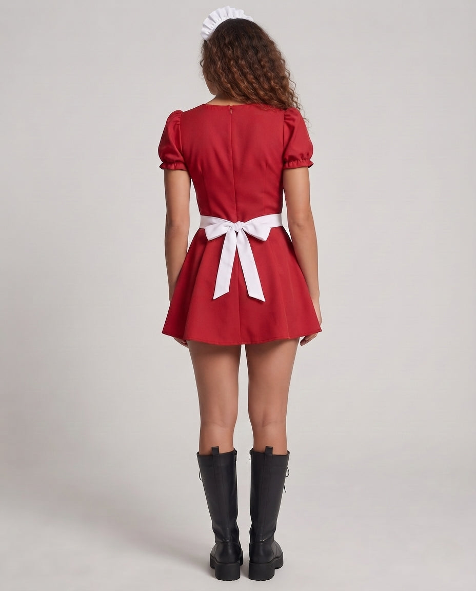 Women Playful Maid Dress with Ruffles and Satin Apron Mune Fashion