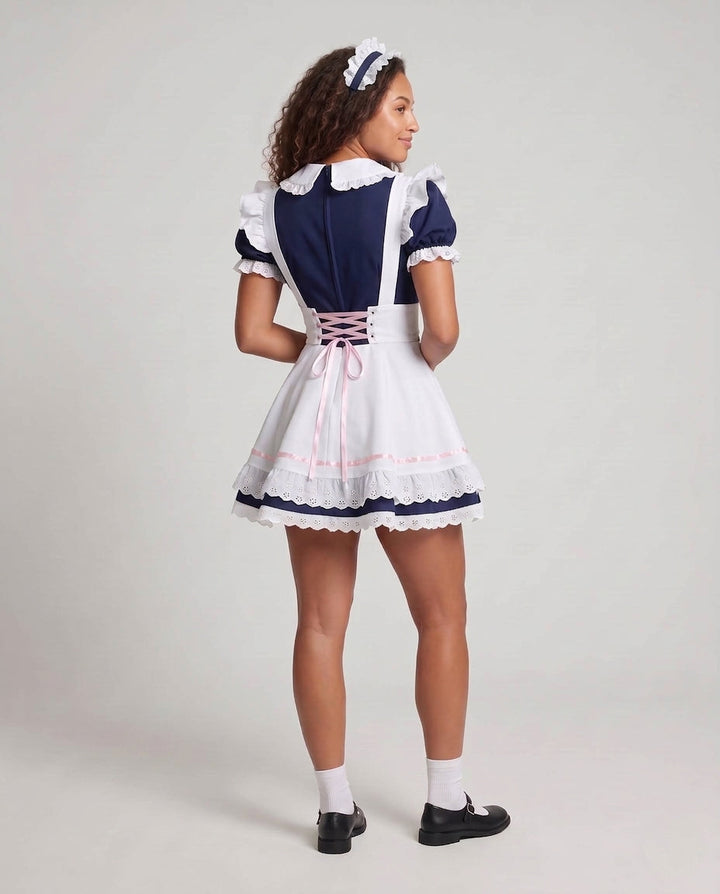 Women Maid Dress with Lace and Ruffle Accents Mune Fashion