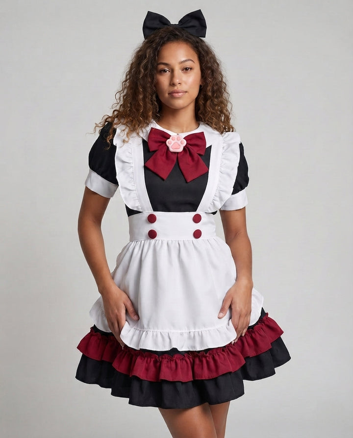 Women's playful maid dress with ruffle details and stylish bow accent Mune Fashion