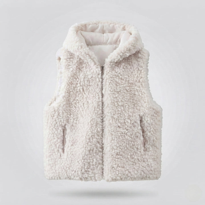 Women's sleeveless teddy vest with hood, padded lining and practical side pockets