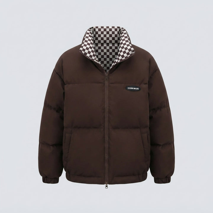 Women's short thermal puffer jacket with checked reversible lining and high stand-up collar