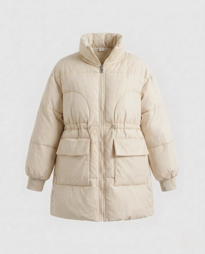 Women's feminine A-line quilted parka with adjustable drawstring, high stand-up collar, and large flap pockets