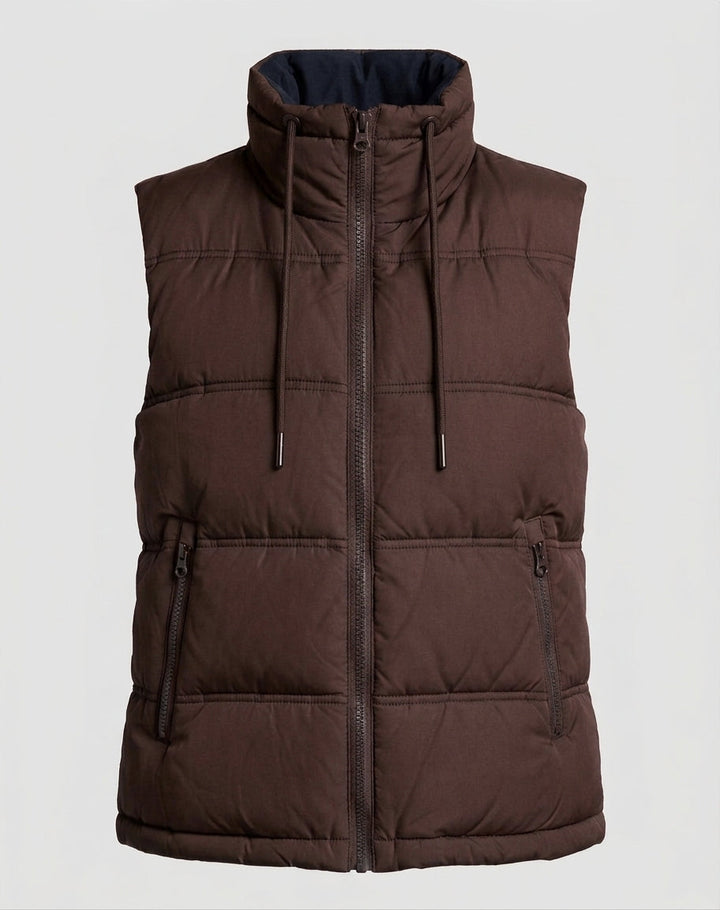 Women's quilted sleeveless thermal vest with high stand-up collar and adjustable hem