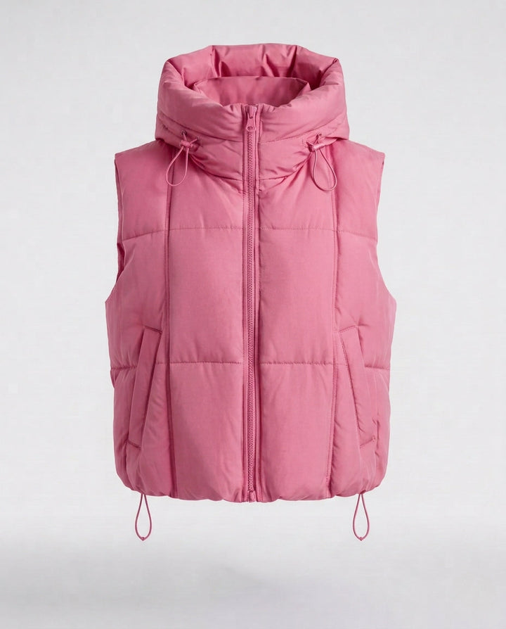 Women's quilted hooded vest with adjustable drawstring and two-way zipper