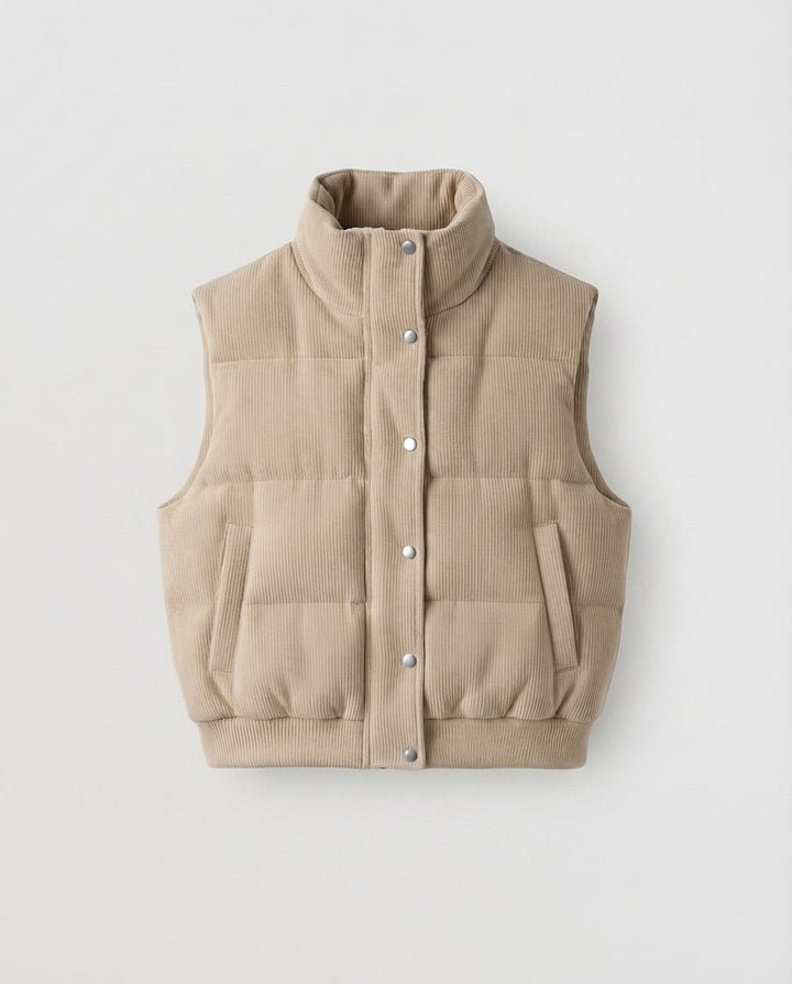 Women's short corduroy quilted vest with high shawl collar and press stud placket