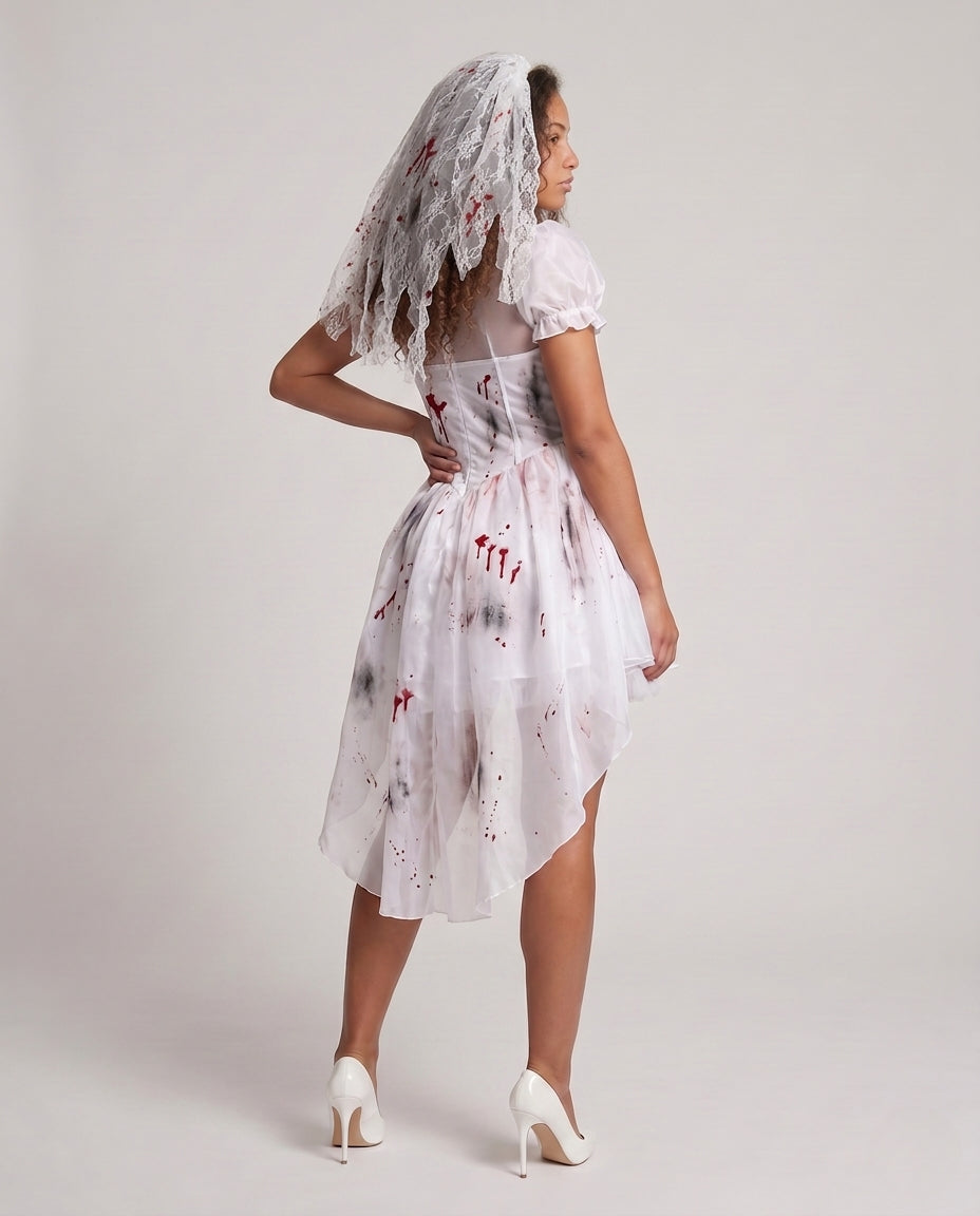 Women's Creepy Ghost Bride with Transparent Veil and Bloody Accents Mune Fashion