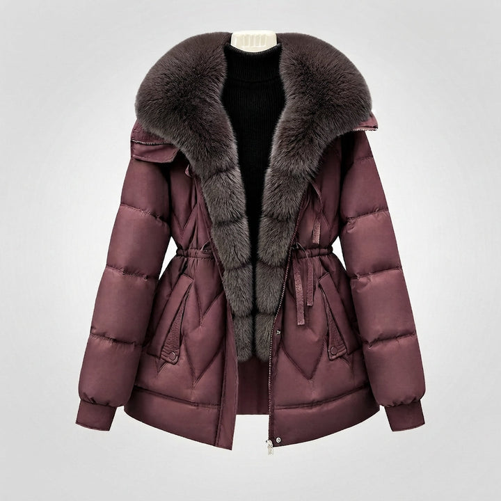 Women's padded parka with voluminous, removable collar and waist drawstring