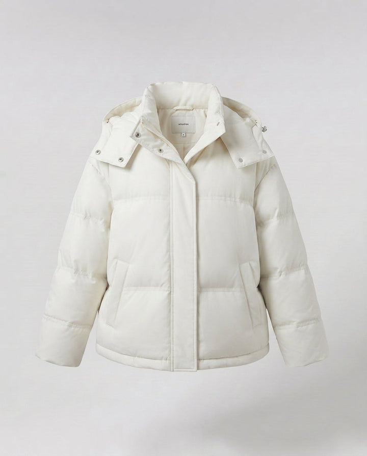 Women's nan boxy padded short quilted anorak with ergonomic hood trim and extra large flap pockets